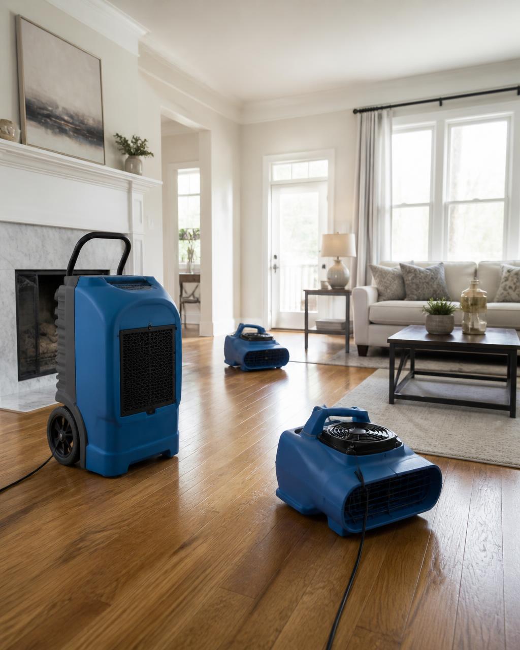 Bright residential living room with professional drying equipment after water damage